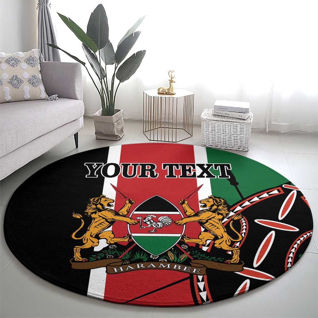 Round carpet with Kenya emblem, lions, tricolor design, and 'YOUR TEXT'