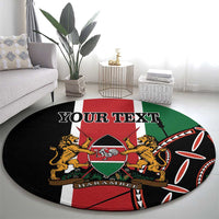 Round carpet with Kenya emblem, lions, tricolor design, and 'YOUR TEXT'