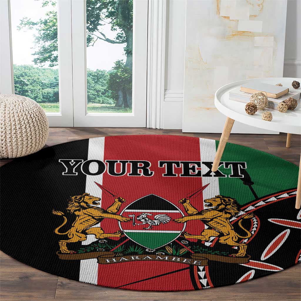 Round carpet close-up with 'YOUR TEXT' over Kenya flag and lion crest