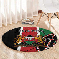 Round Kenya-themed carpet with tricolor stripes, lion emblem, and 'YOUR TEXT' lettering