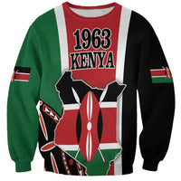 Unisex red crewneck sweatshirt with 1963 Kenya graphic, map silhouette, flag striped sleeves