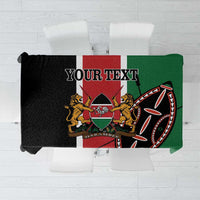 Green and black printed tablecloth with red panel and Kenya crest design