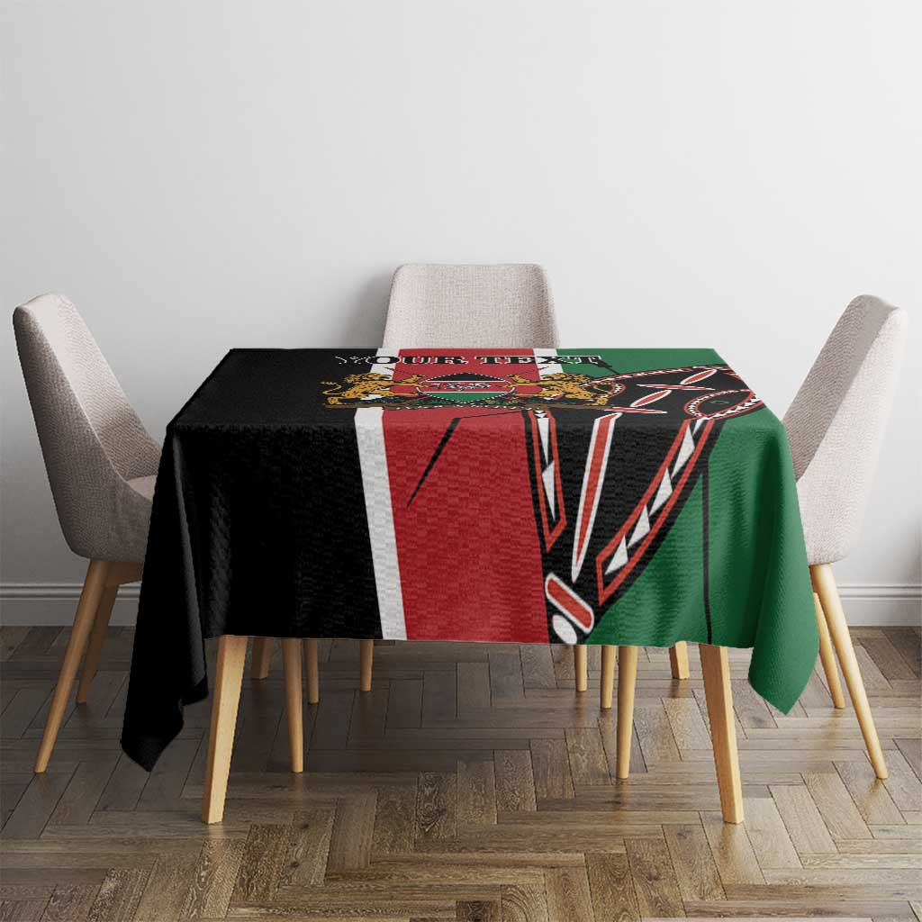 Green and black tablecloth on square dining table with white-red emblem detail