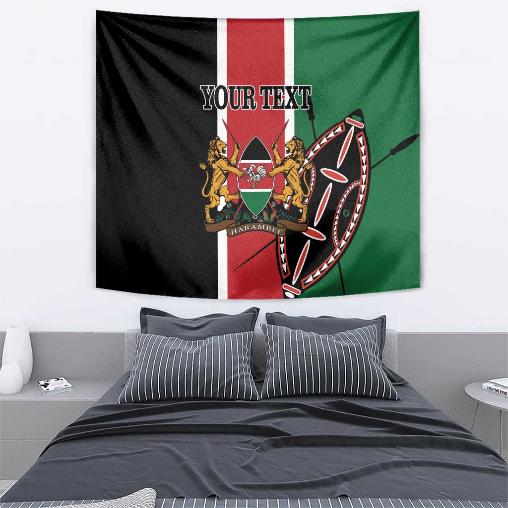 Rectangular Kenya flag tapestry in black, red, and green with emblem artwork and 'YOUR TEXT'.