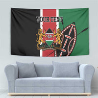 Kenya flag colored tapestry with detailed coat of arms, drum, and 'YOUR TEXT' text.
