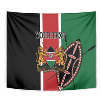 Close-up Kenya tapestry with black-red-green stripes, crest emblem, and 'YOUR TEXT'.