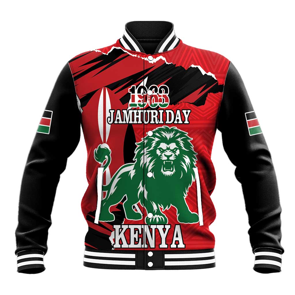 Red and black varsity baseball jacket with lion graphic, ribbed collar, striped cuffs