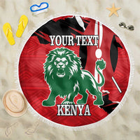 Red round beach blanket with lion and Kenya graphic, fringe edge, 'YOUR TEXT' center