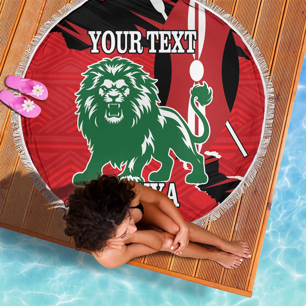 Red round beach blanket with lion and Kenya text, fringe border, 'YOUR TEXT' on top view