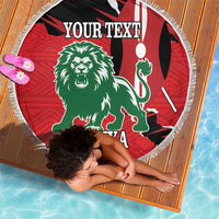 Red round beach blanket with lion and Kenya text, fringe border, 'YOUR TEXT' on top view
