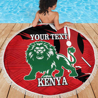 Red round beach blanket with lion and Kenya emblem, fringe edge, 'YOUR TEXT' over shoulders