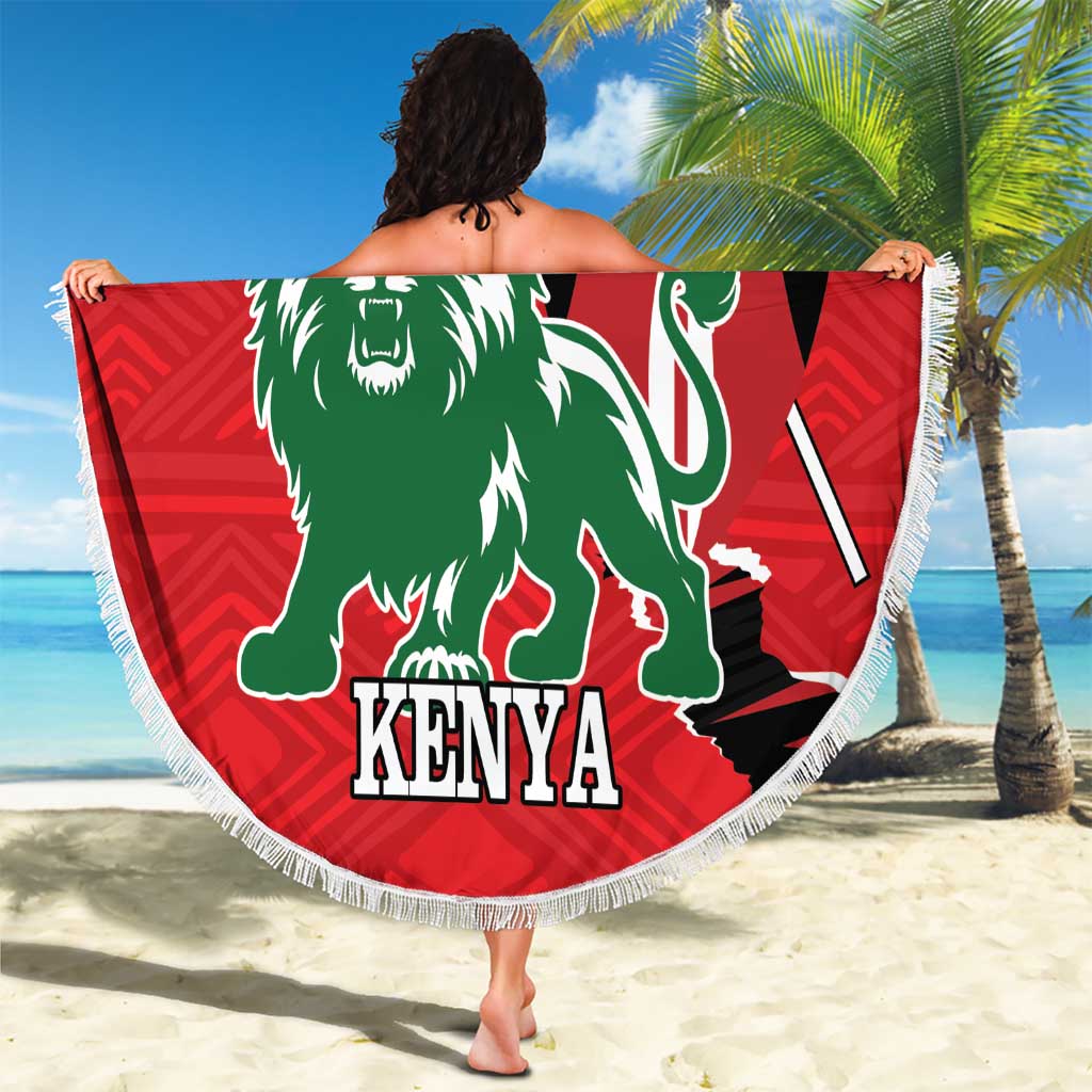 Red round beach blanket with lion and Kenya logo, fringe border, held outdoors