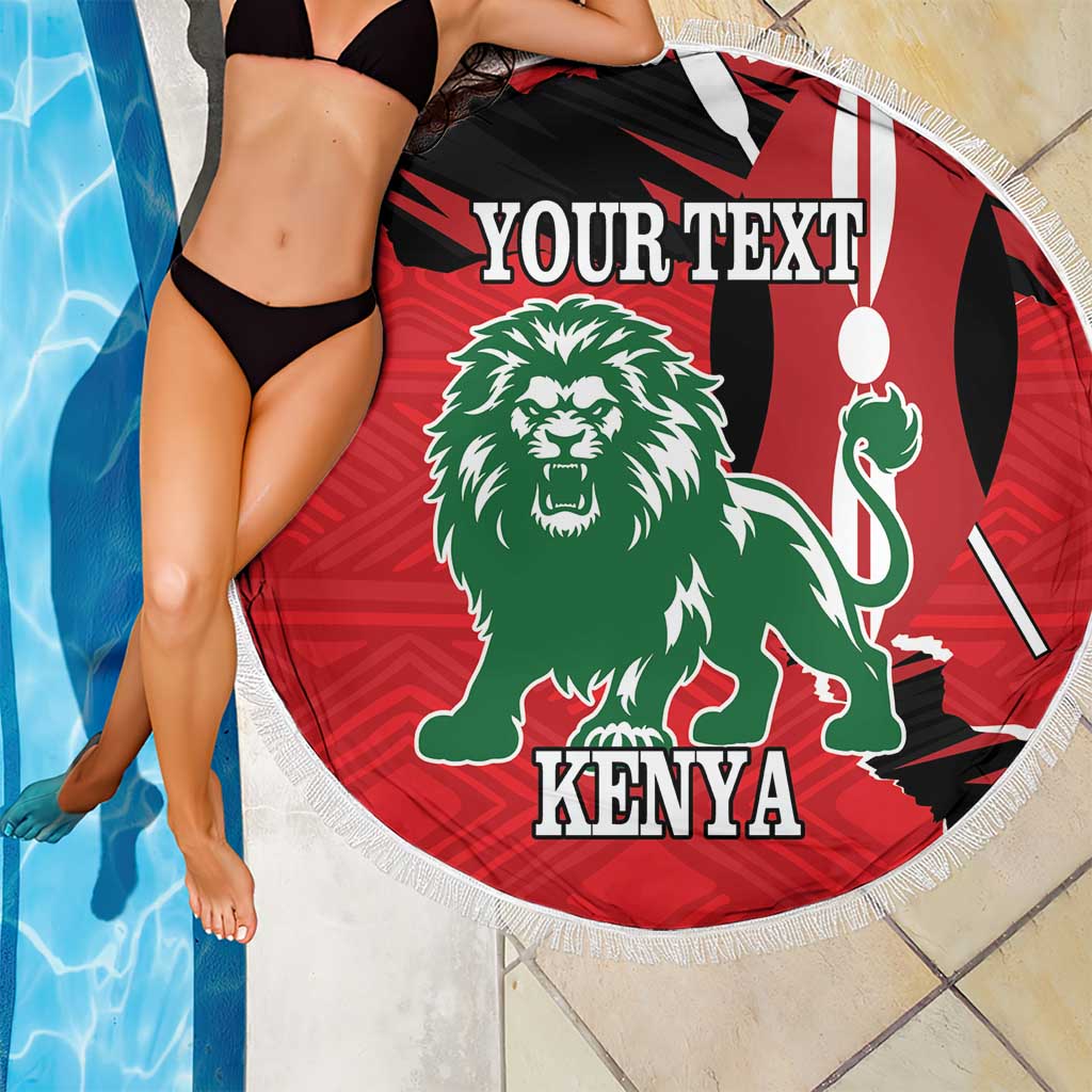 Red round beach blanket with lion and Kenya graphic, fringe edge, 'YOUR TEXT' near pool