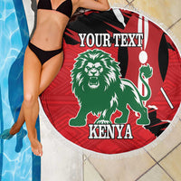Red round beach blanket with lion and Kenya graphic, fringe edge, 'YOUR TEXT' near pool