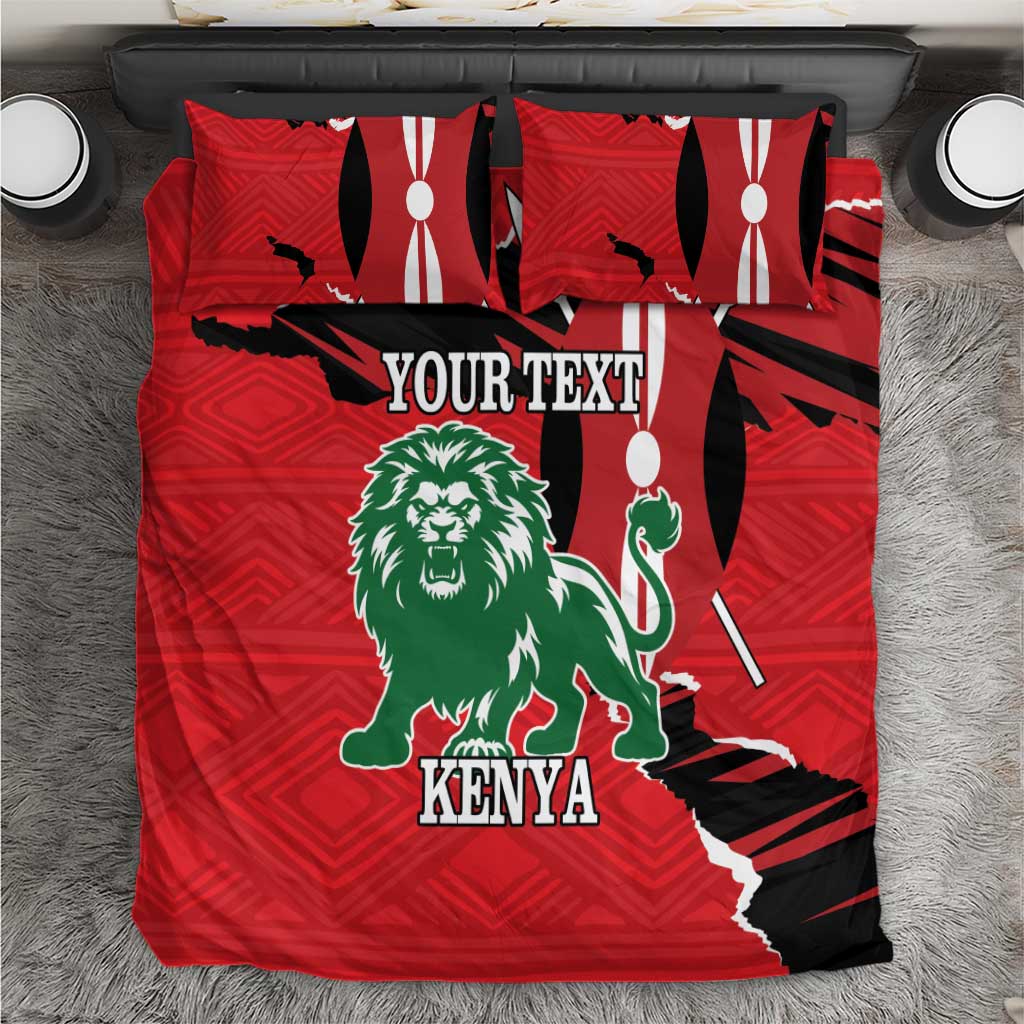 Red bedding set with Kenya lion print, black-and-white stripe accents, and 'YOUR TEXT'.
