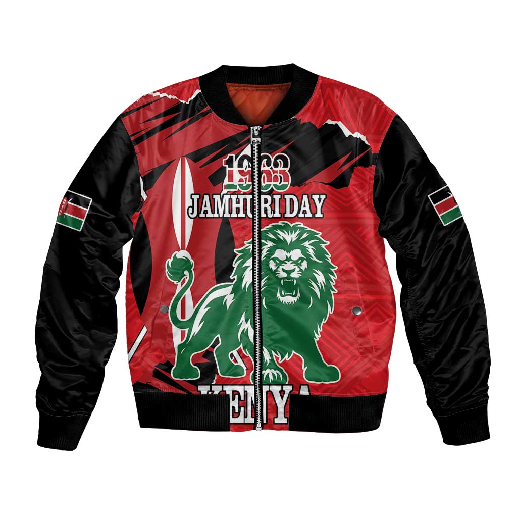 Red and black bomber jacket with Jamhuri Day 1963 lion front print