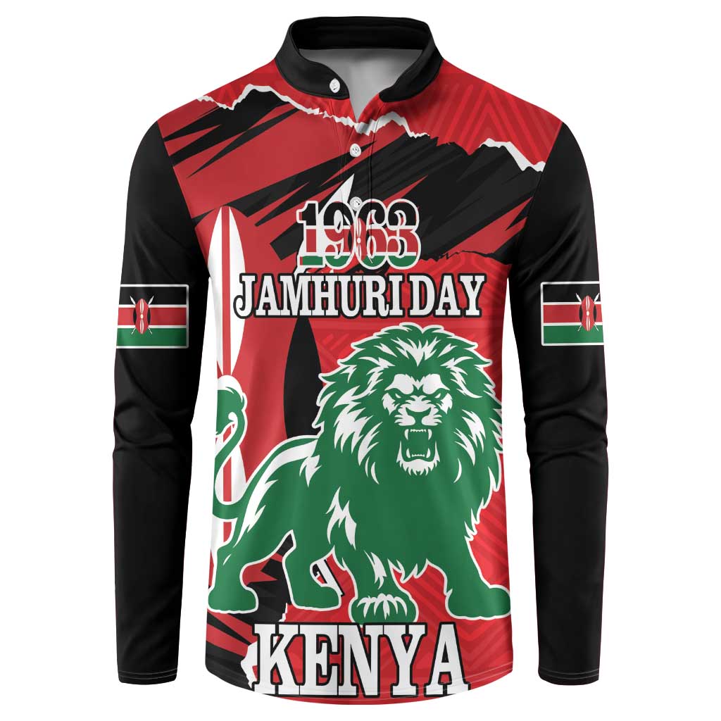 Red/black button long-sleeve sweatshirt with lion, KENYA, and Jamhuri Day 1963