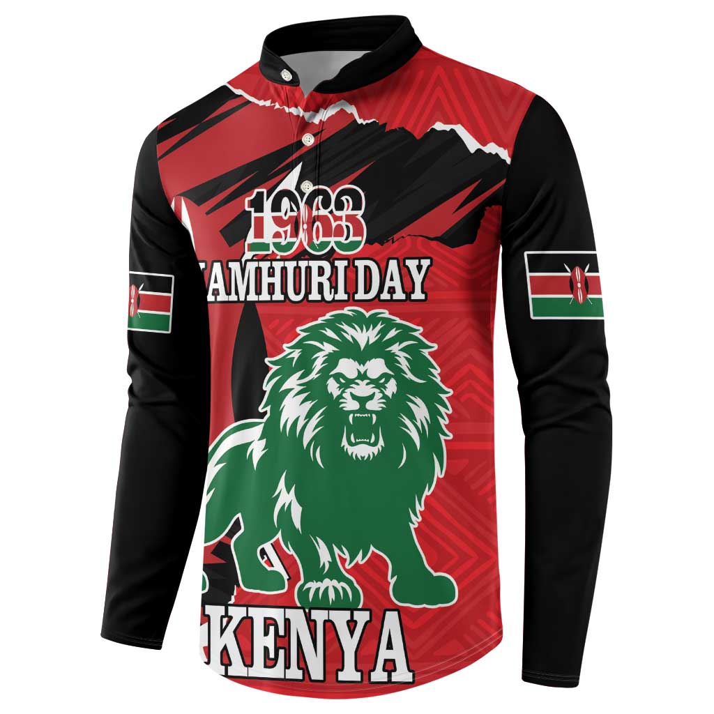 Red/black button long-sleeve sweatshirt with lion graphic, KENYA, and JAMHURI DAY