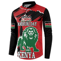 Red/black button long-sleeve sweatshirt with lion graphic, KENYA, and JAMHURI DAY