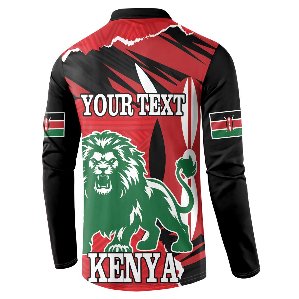 Red/black button long-sleeve sweatshirt back with YOUR TEXT, lion, and KENYA