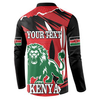 Red/black button long-sleeve sweatshirt back with YOUR TEXT, lion, and KENYA