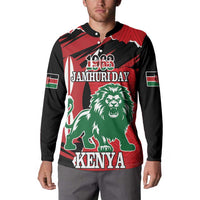 Red/black button long-sleeve sweatshirt on model front with lion and KENYA text