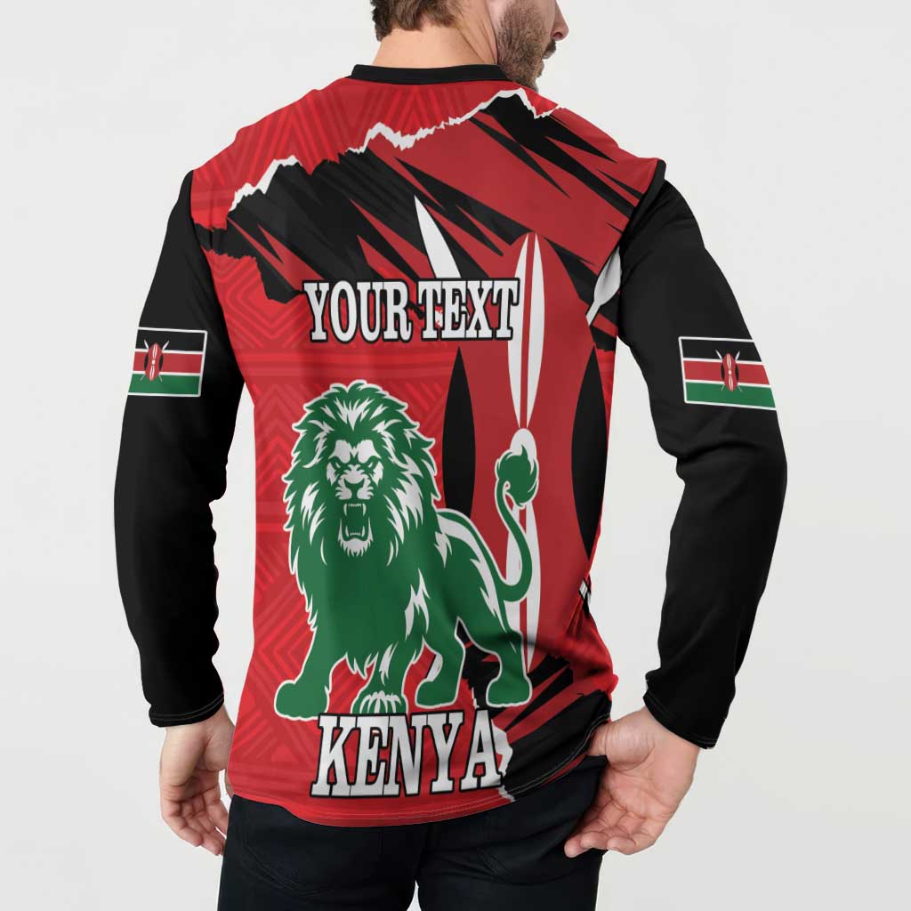 Red/black button long-sleeve sweatshirt back on model with YOUR TEXT and lion KENYA