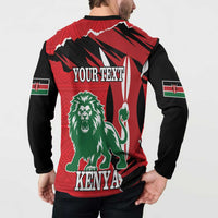 Red/black button long-sleeve sweatshirt back on model with YOUR TEXT and lion KENYA