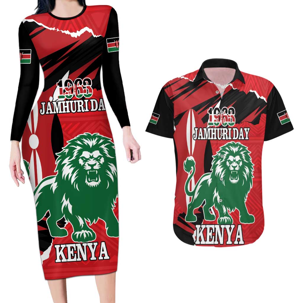 Personalized Kenya Independence Day Couples Matching Long Sleeve Bodycon Dress and Hawaiian Shirt Angry Lion - Happy Jamhuri Day 1963 - Wonder Print Shop