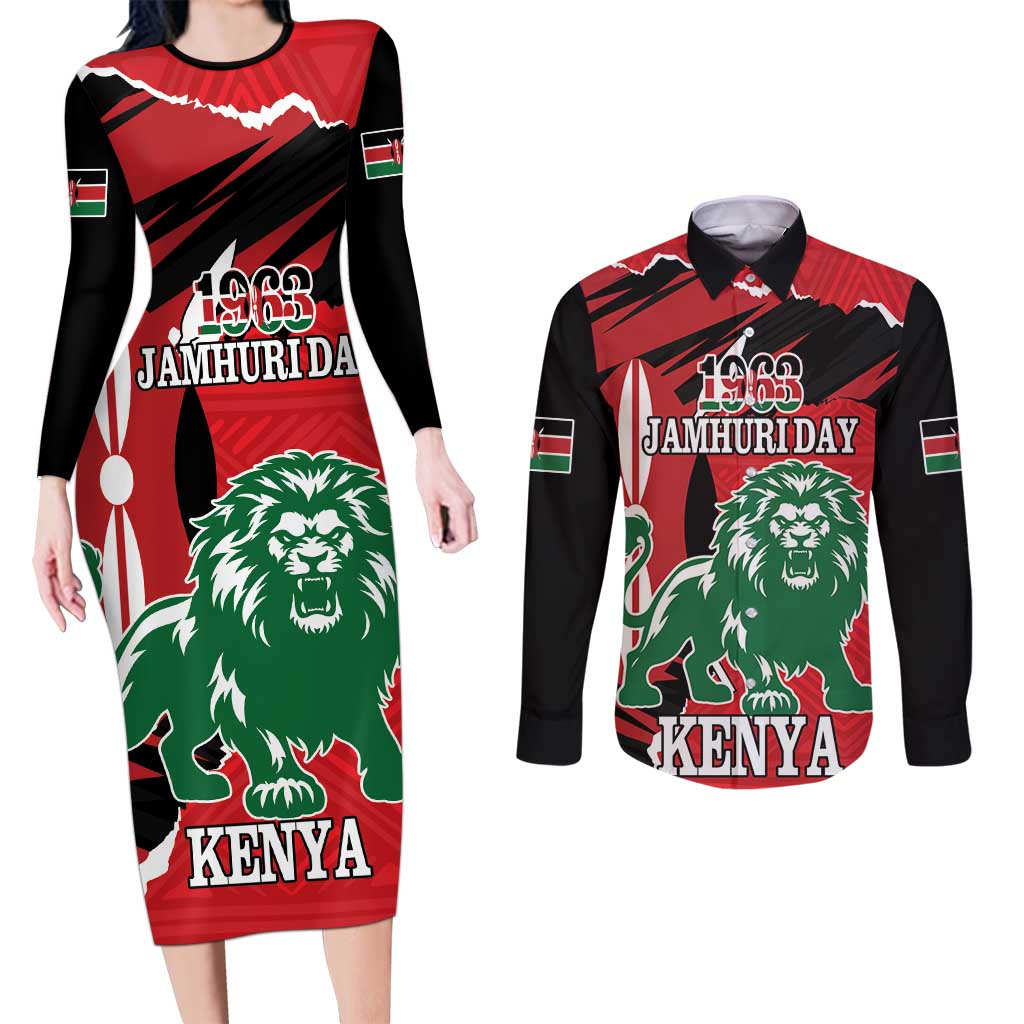 Personalized Kenya Independence Day Couples Matching Long Sleeve Bodycon Dress and Long Sleeve Button Shirt Angry Lion - Happy Jamhuri Day 1963 - Wonder Print Shop