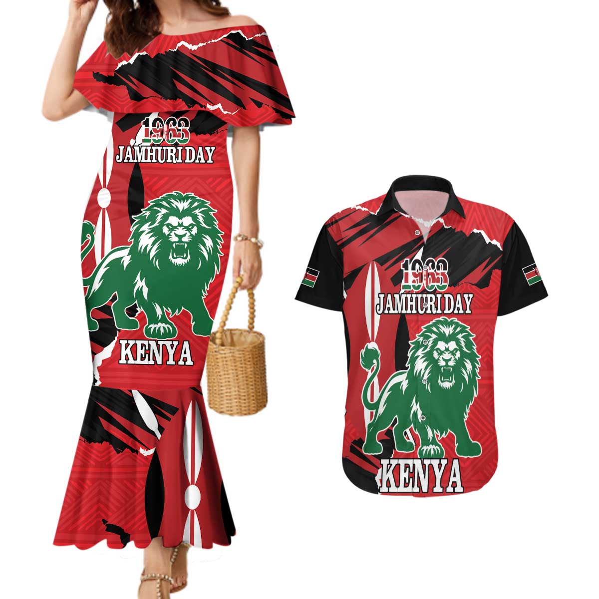 Personalized Kenya Independence Day Couples Matching Mermaid Dress and Hawaiian Shirt Angry Lion - Happy Jamhuri Day 1963 - Wonder Print Shop