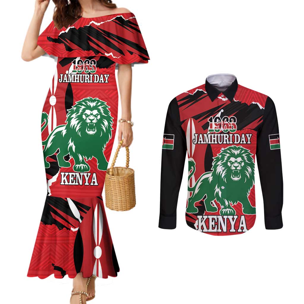 Personalized Kenya Independence Day Couples Matching Mermaid Dress and Long Sleeve Button Shirt Angry Lion - Happy Jamhuri Day 1963