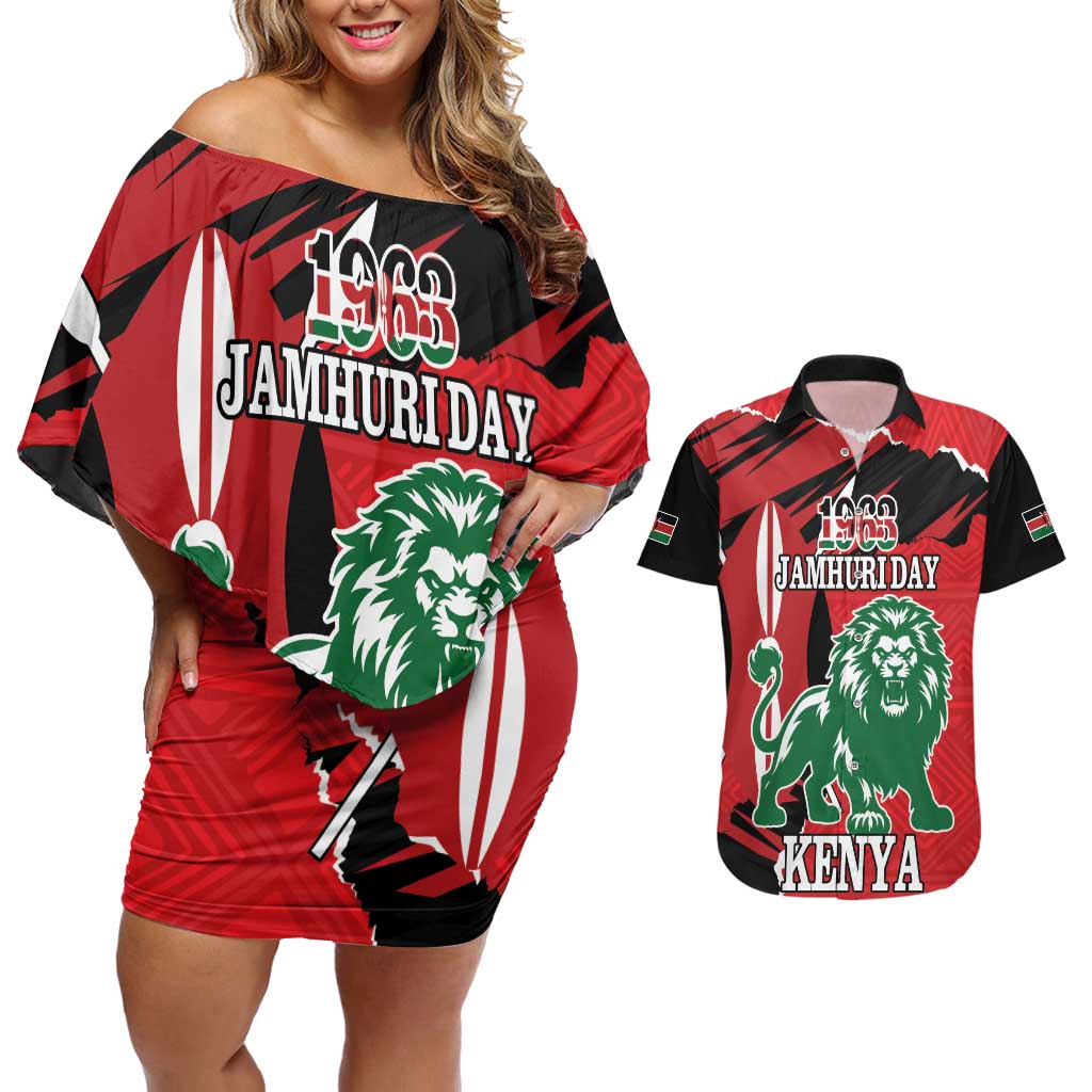 Personalized Kenya Independence Day Couples Matching Off Shoulder Short Dress and Hawaiian Shirt Angry Lion - Happy Jamhuri Day 1963 - Wonder Print Shop