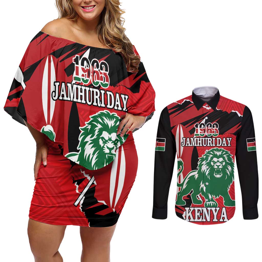 Personalized Kenya Independence Day Couples Matching Off Shoulder Short Dress and Long Sleeve Button Shirt Angry Lion - Happy Jamhuri Day 1963 - Wonder Print Shop