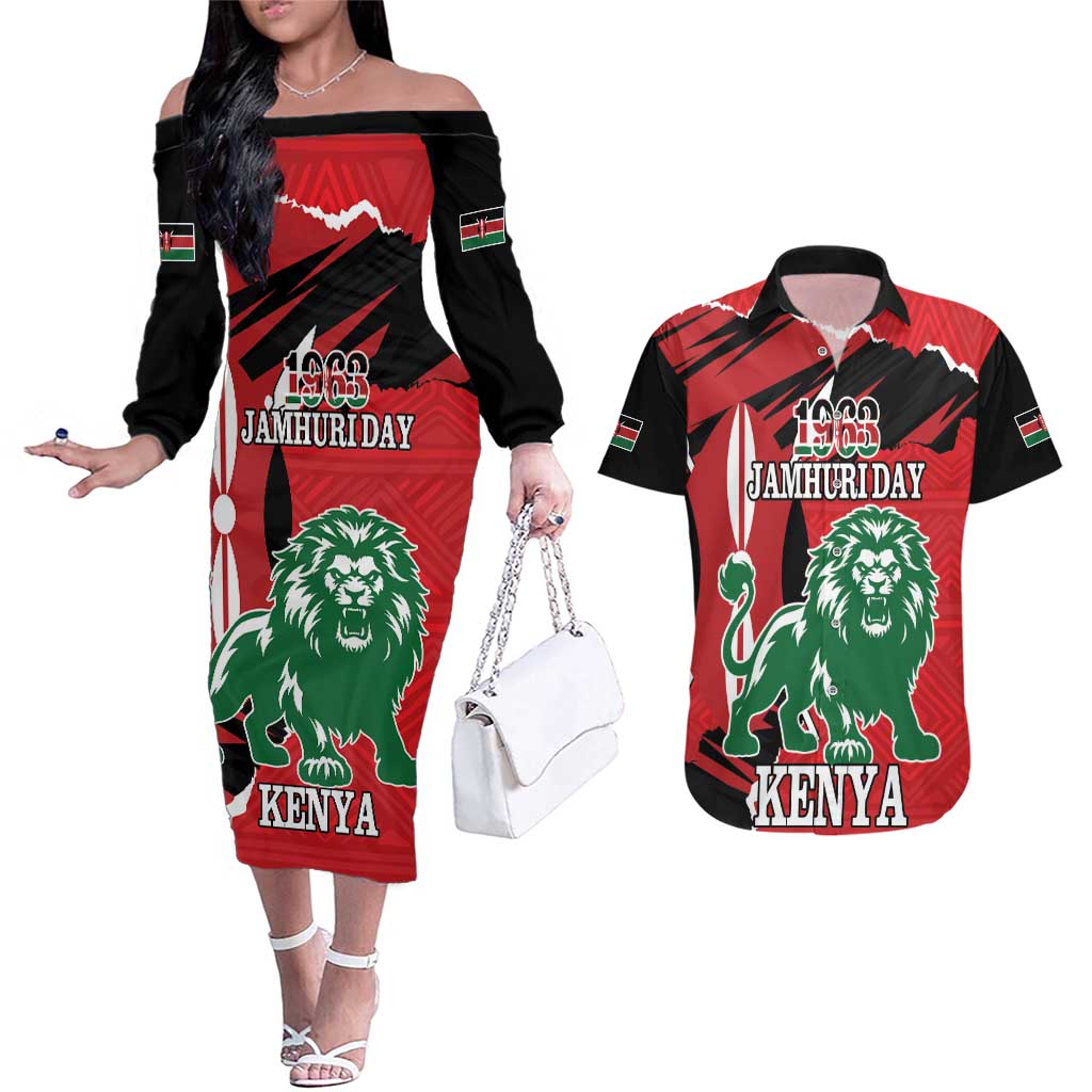 Personalized Kenya Independence Day Couples Matching Off The Shoulder Long Sleeve Dress and Hawaiian Shirt Angry Lion - Happy Jamhuri Day 1963 - Wonder Print Shop