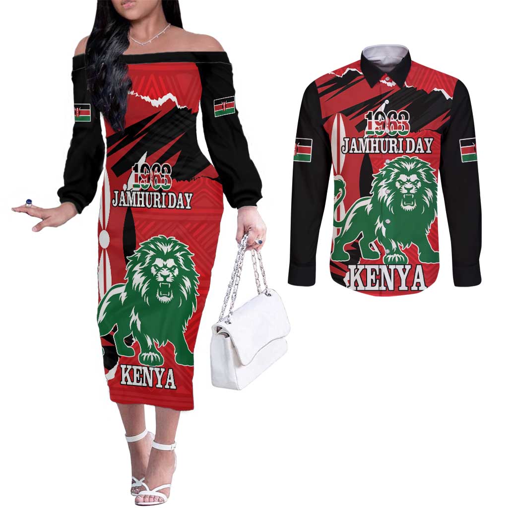 Personalized Kenya Independence Day Couples Matching Off The Shoulder Long Sleeve Dress and Long Sleeve Button Shirt Angry Lion - Happy Jamhuri Day 1963