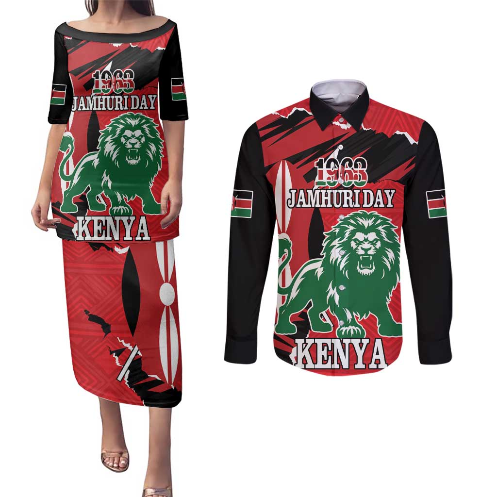 Personalized Kenya Independence Day Couples Matching Puletasi and Long Sleeve Button Shirt Angry Lion - Happy Jamhuri Day 1963 - Wonder Print Shop