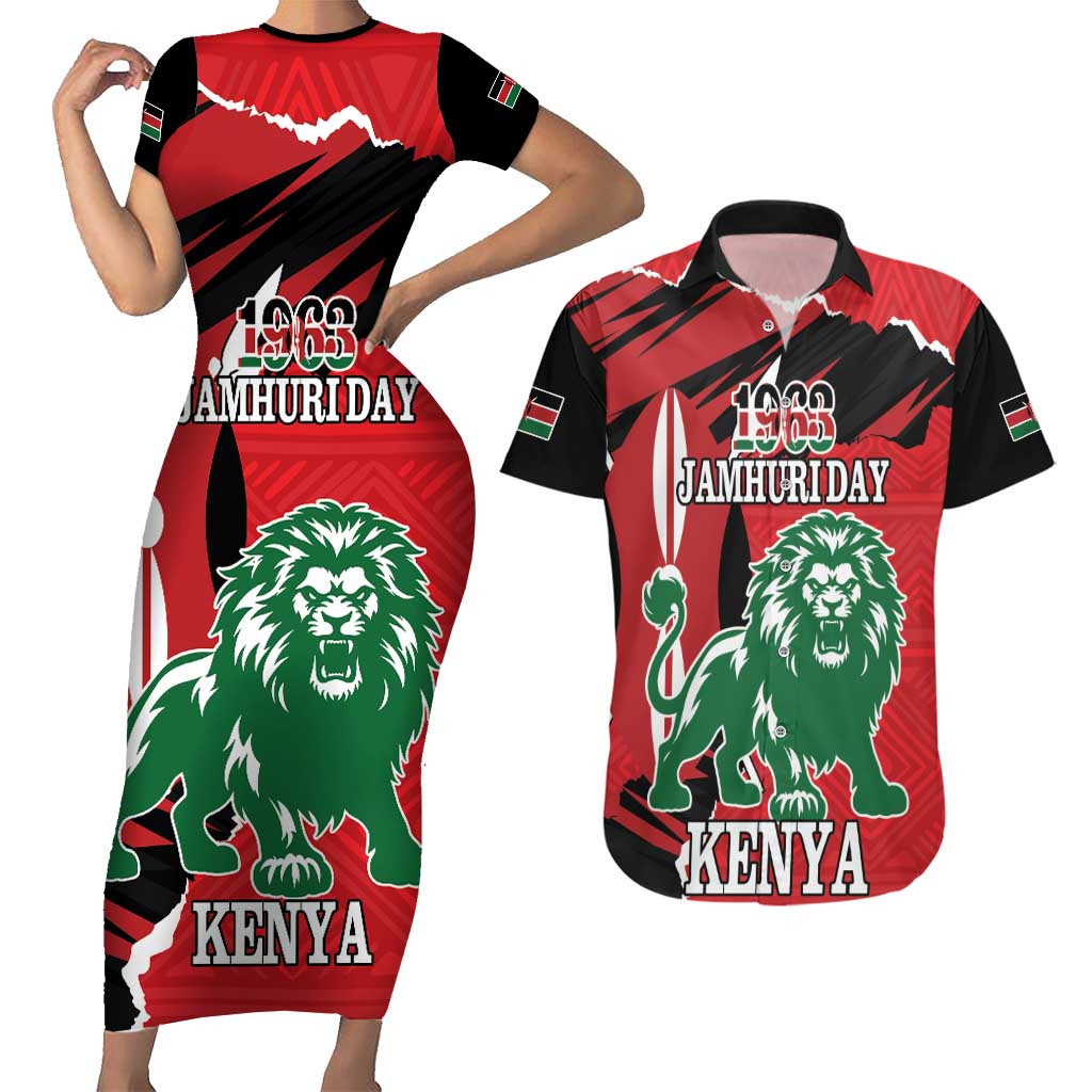 Personalized Kenya Independence Day Couples Matching Short Sleeve Bodycon Dress and Hawaiian Shirt Angry Lion - Happy Jamhuri Day 1963 - Wonder Print Shop