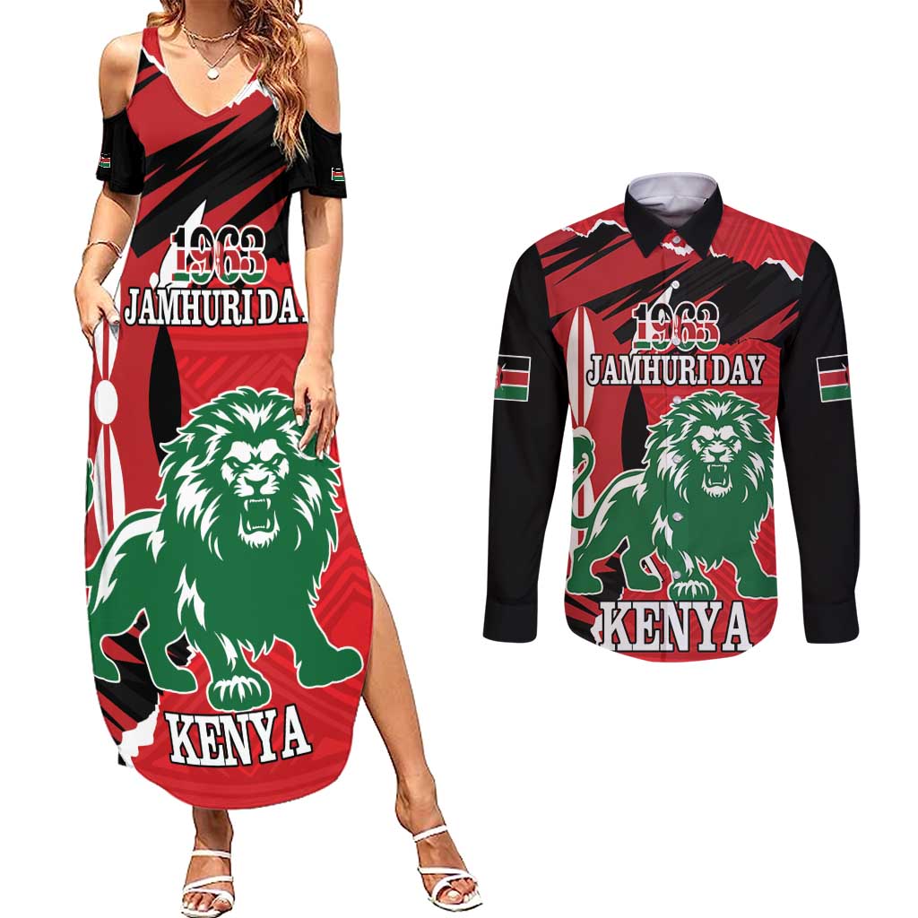 Personalized Kenya Independence Day Couples Matching Summer Maxi Dress and Long Sleeve Button Shirt Angry Lion - Happy Jamhuri Day 1963 - Wonder Print Shop