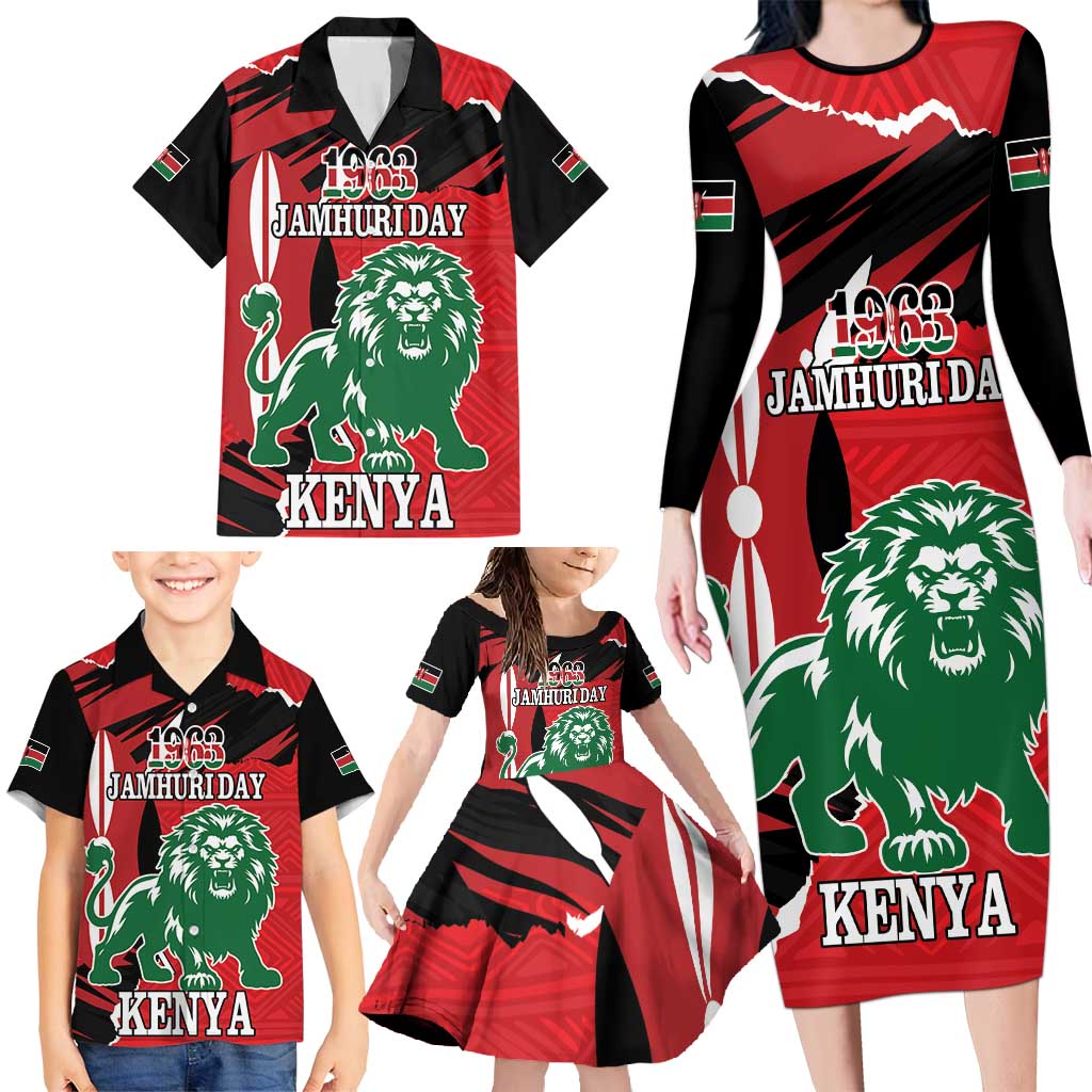 Personalized Kenya Independence Day Family Matching Long Sleeve Bodycon Dress and Hawaiian Shirt Angry Lion - Happy Jamhuri Day 1963 - Wonder Print Shop