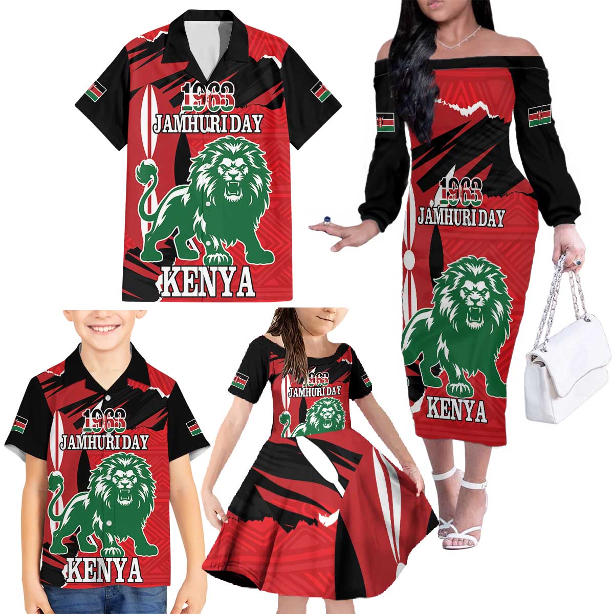 Personalized Kenya Independence Day Family Matching Off The Shoulder Long Sleeve Dress and Hawaiian Shirt Angry Lion - Happy Jamhuri Day 1963 - Wonder Print Shop