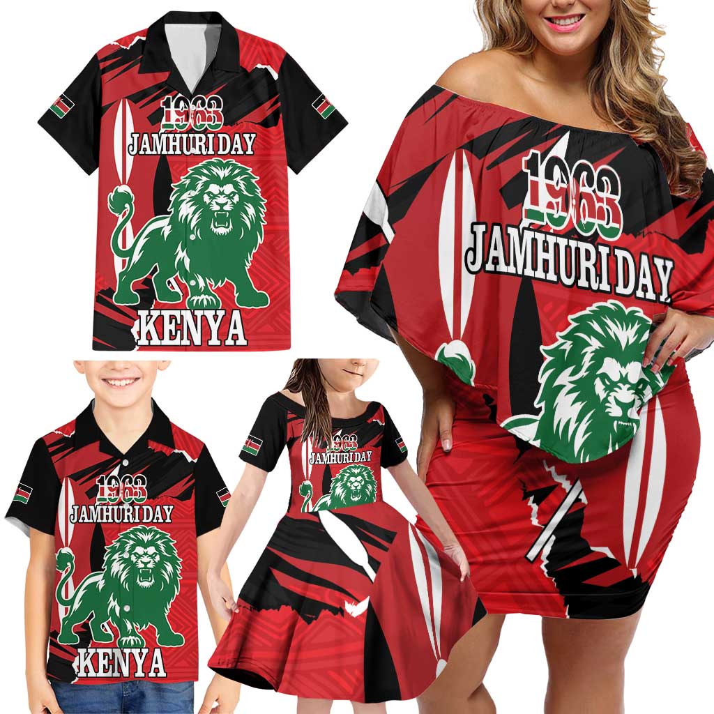 Personalized Kenya Independence Day Family Matching Off Shoulder Short Dress and Hawaiian Shirt Angry Lion - Happy Jamhuri Day 1963 - Wonder Print Shop