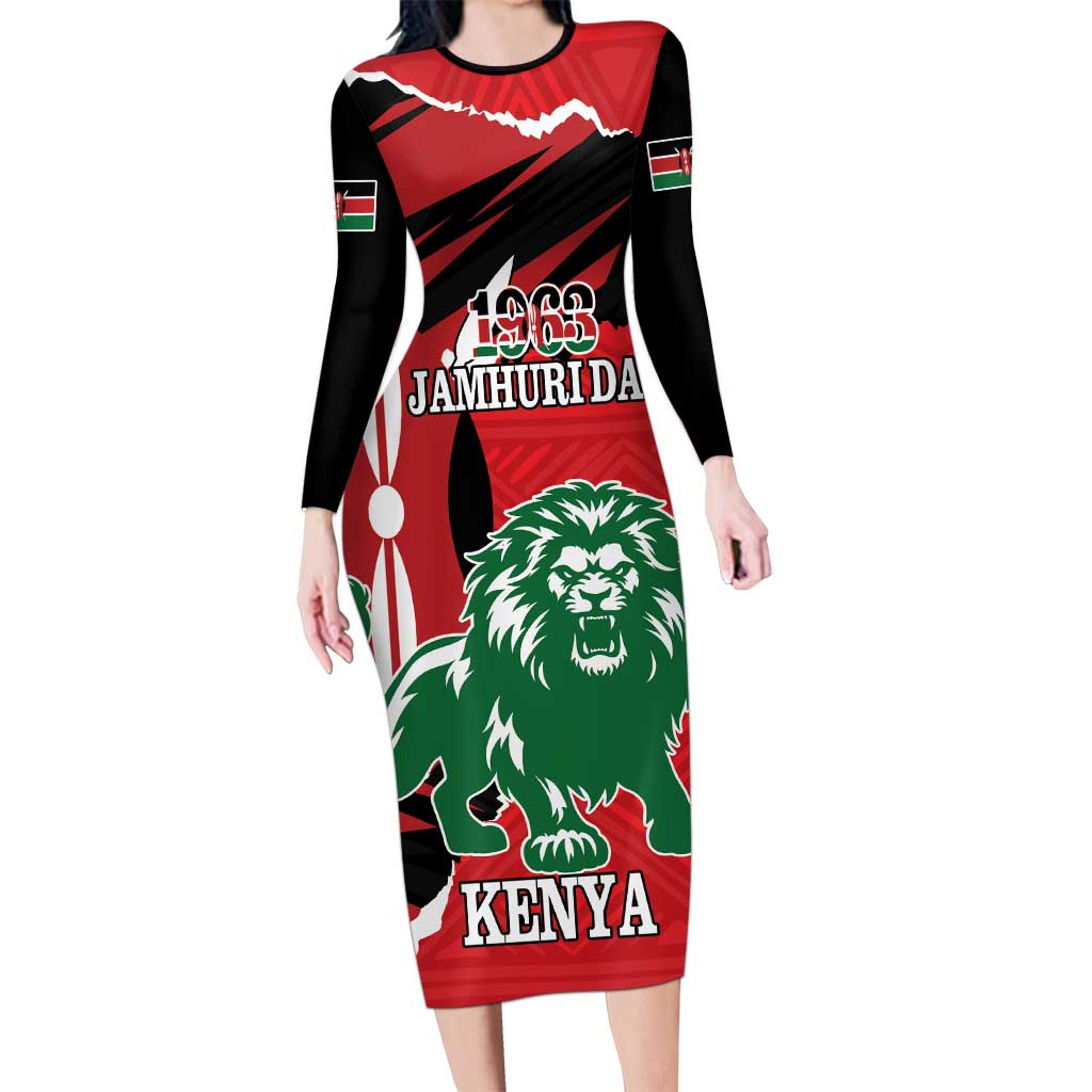 Personalized Kenya Independence Day Long Sleeve Bodycon Dress Angry Lion - Happy Jamhuri Day 1963 - Wonder Print Shop