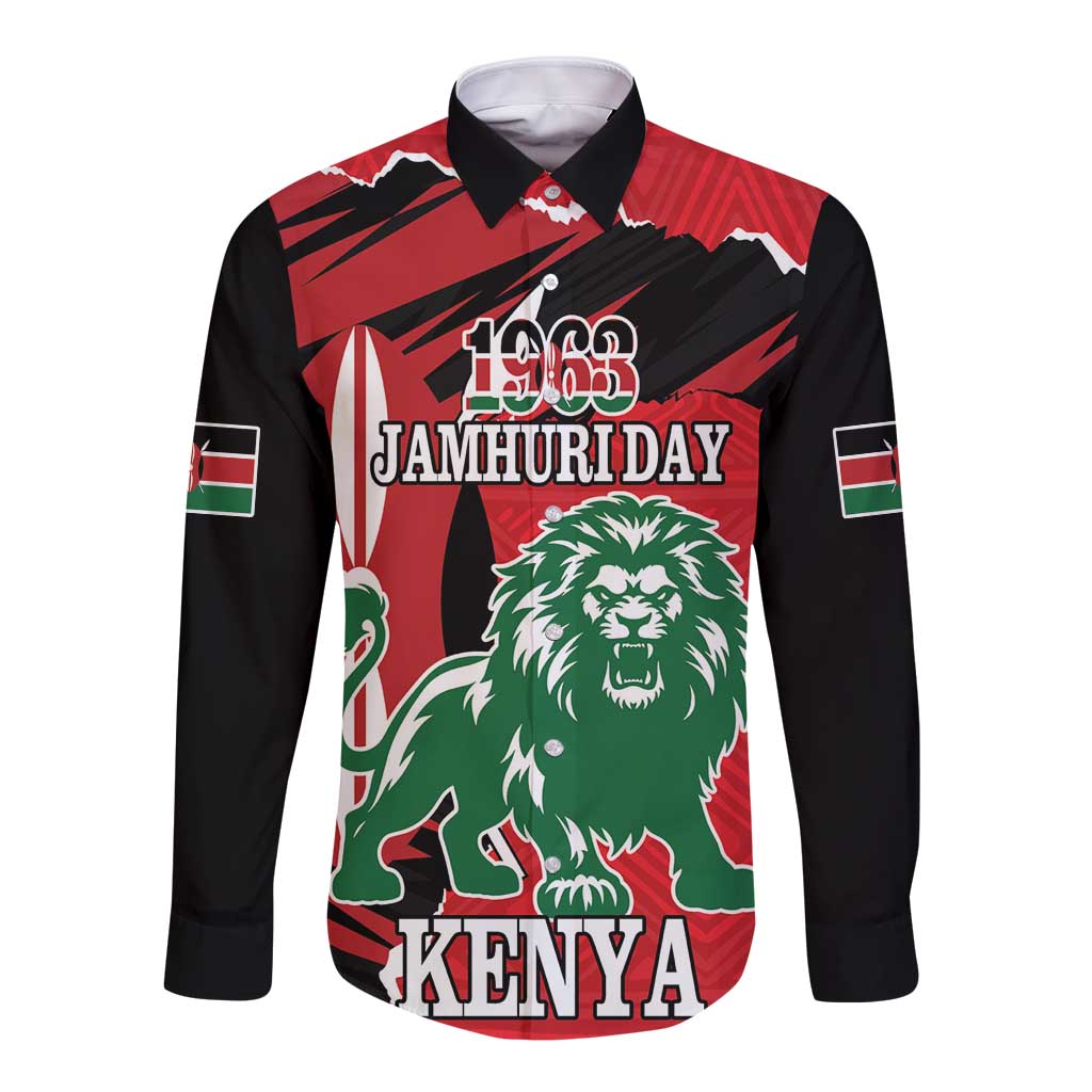 Long-sleeve button shirt in red and black with lion, Kenya, Jamhuri Day print