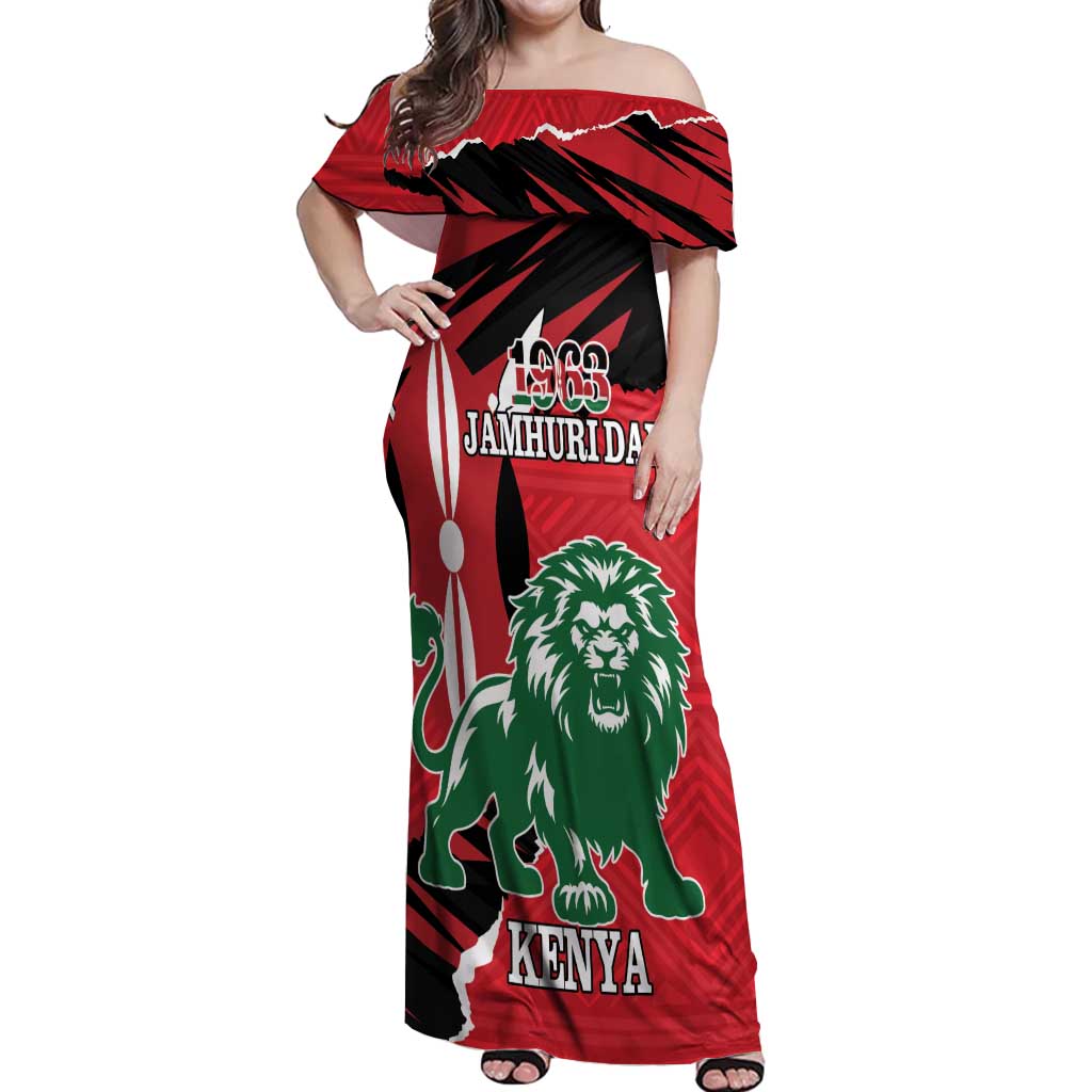 Personalized Kenya Independence Day Off Shoulder Maxi Dress Angry Lion - Happy Jamhuri Day 1963 - Wonder Print Shop