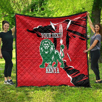 Red quilt with Kenya outline, green lion figure, and “YOUR TEXT” over black stripes