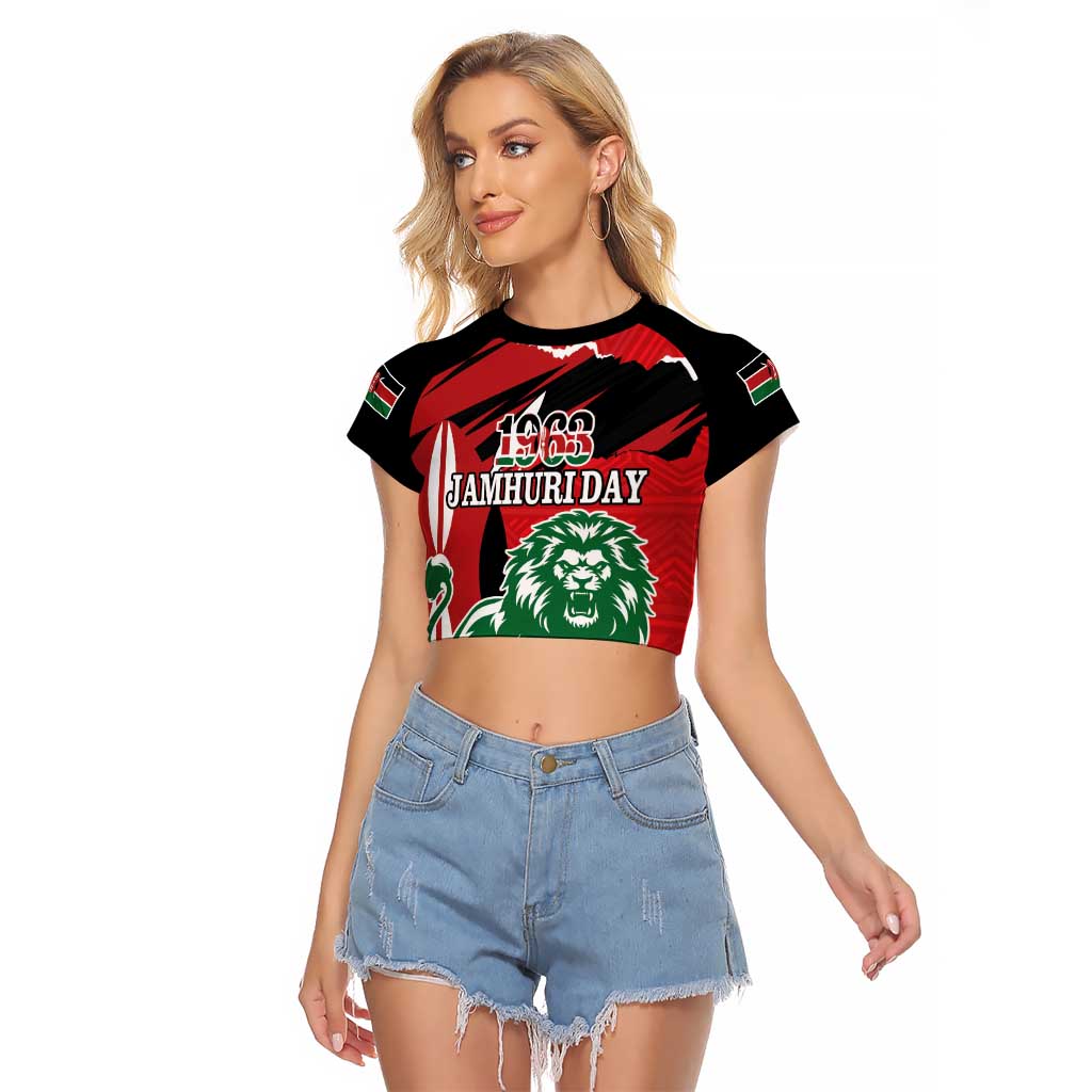 Personalized Kenya Independence Day Raglan Cropped T Shirt Angry Lion - Happy Jamhuri Day 1963 - Wonder Print Shop