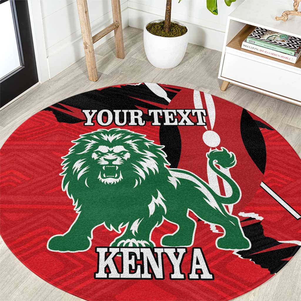 Red round carpet with green angry lion graphic, black details, 'YOUR TEXT' and 'KENYA'