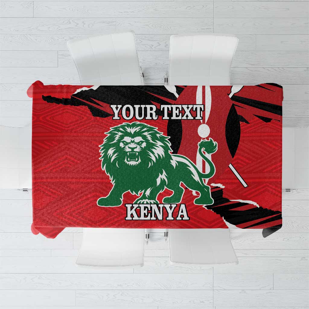 Red Kenya themed tablecloth with lion graphic and space for custom text