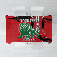 Red Kenya themed tablecloth with lion graphic and space for custom text